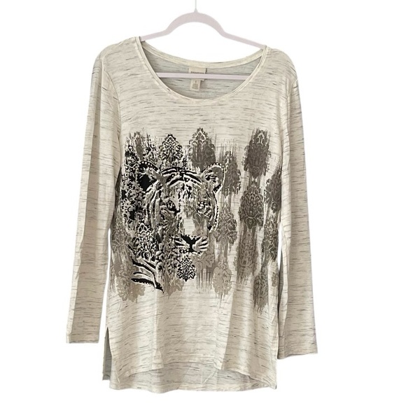 Zenergy by Chico's Tops - Chico’s Zenergy Sz 1 Tiger Face Long Sleeve Tunic Ivory Black Gold Studs Size M